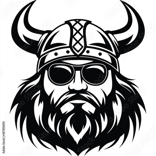 Viking character wears horned helmet and retro sunglasses, conveying a modern yet historically powerful figure