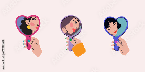 Women Looking in Hand Mirrors, Self Reflection and Beauty Concept Illustration.