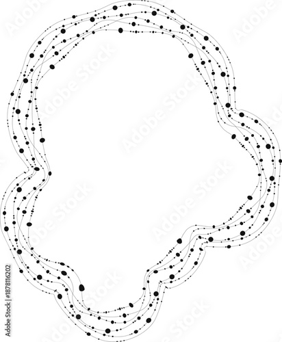 Abstract blob structure expressed through suspended line paths, dotted sequences, and spatial separation.