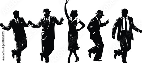 Vintage jazz dancers silhouettes showing men and woman in classic suits performing swing dance retro music nightlife elegance rhythm celebration concept