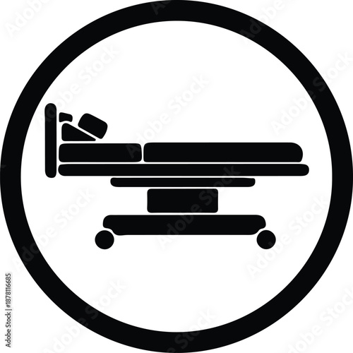 Silhouette hospital bed with patient and wheels inside circle illustration vector