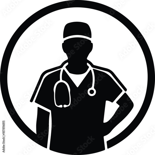 Silhouette of a doctor with stethoscope wearing medical cap and scrubs illustration vector