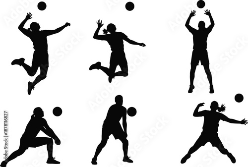 Volleyball players silhouettes set showing athletes jumping serving spiking and blocking ball in dynamic action sport competition training concept illustration