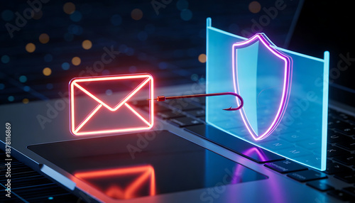 Neon email envelope caught by fishing hook near digital shield on laptop concept for phishing attack prevention spam protection cybersecurity awareness and secure messaging