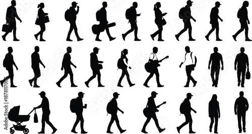 Walking people silhouettes collection showing men and women carrying bags instruments and strollers urban lifestyle travel daily activity movement concept