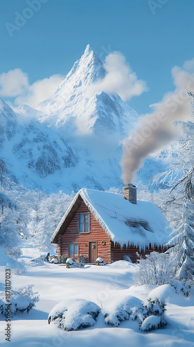 Winter cabin retreat in deep forest blanketed with fresh snow high resolution picture