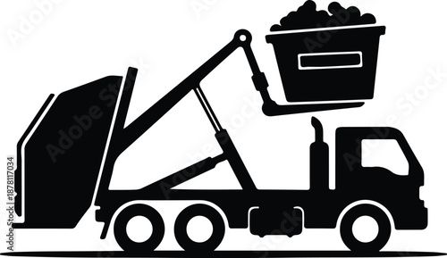 Silhouette of garbage truck lifting container full of waste illustration vector