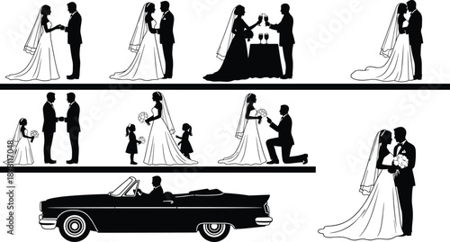 Wedding ceremony silhouettes collection showing bride and groom proposal vows celebration family moments love marriage romance elegant event concept