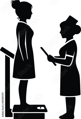 Silhouette of nurse weighing patient on scale illustration vector