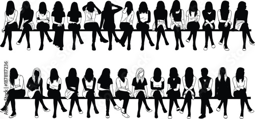 Women silhouettes collection showing females sitting on bench in different poses fashion style diversity waiting lifestyle modern social illustration concept