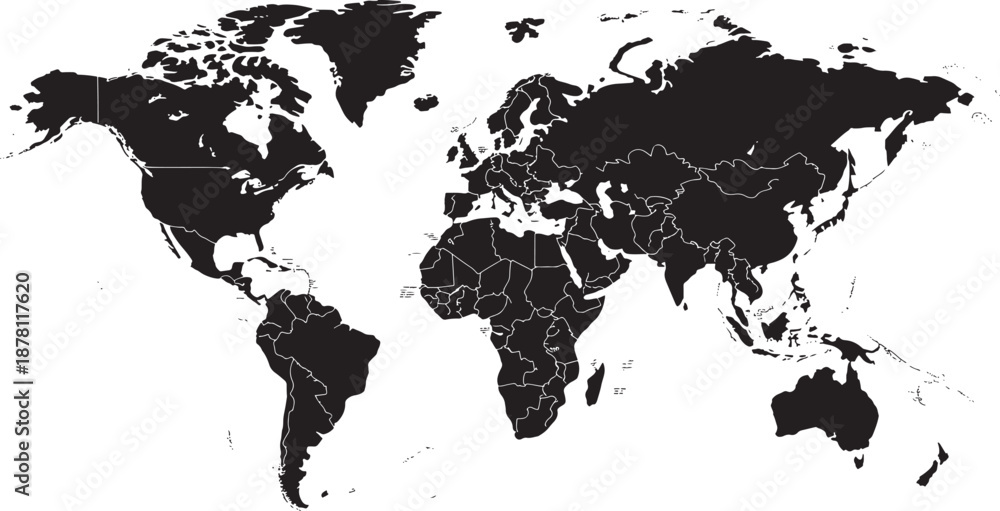 Obraz premium Black map with country borders and white outline geography