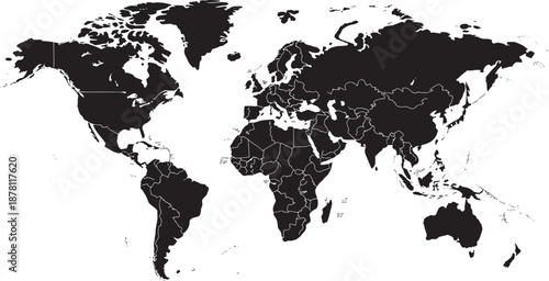 Black map with country borders and white outline geography