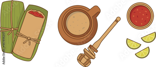 Traditional Mexican food set with tamales in corn husks, hot atole chocolate drink with wooden molinillo whisk, spicy red salsa bowl and fresh lime slices for tasty Latin American meal.