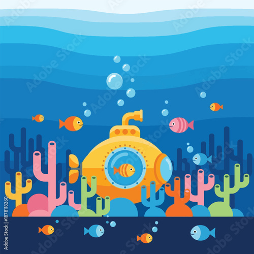 Yellow Submarine Underwater Ocean Scene.