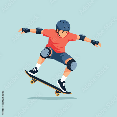 Young boy skateboarding on a board.