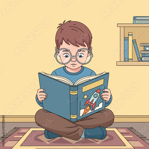 Young boy reading a book.