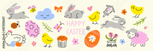 Cute Easter and spring vector set with bunnies, chicks and decorated eggs. Perfect for greeting cards, stickers, prints, kids designs and seasonal holiday projects.