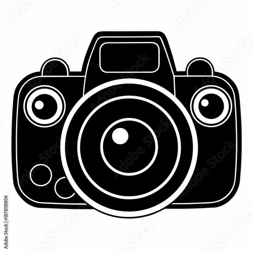 A sleek black and white icon depicting a classic camera for photography and media