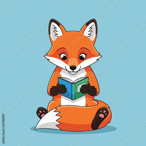 Cartoon Fox Reading a Book Sitting.