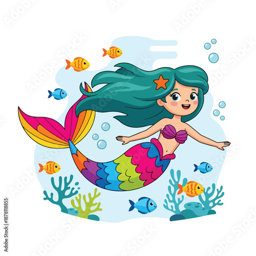 Cartoon mermaid with long flowing hair.