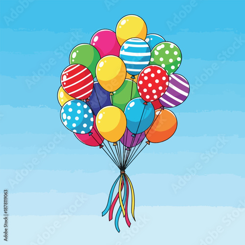 Colorful balloons tied together floating.