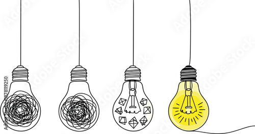 Creative light bulb illustration showing idea development process from confusion to clarity, featuring hand drawn bulbs and glowing solution concept design