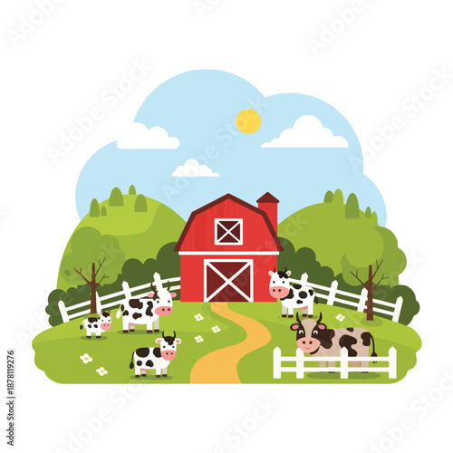 Cows standing near a red barn.