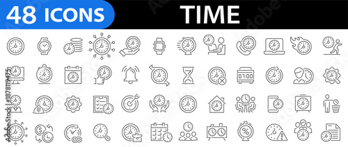 Set of 48 icons Time. Timer, clock, schedule, alarm, calendar, stopwatch. Editable stroke. Vector illustration