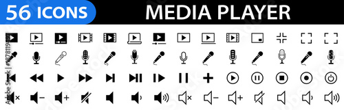 Media player icons set. Volume Collection of multimedia symbols. Audio, music speaker volume, interface, design media player buttons. Play, pause, stop. Vector illustration
