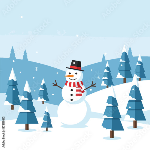 Snowman wearing scarf and hat outside.