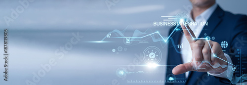 Canvastavla Corporate leader pointing at data network and Business Integration on digital interface