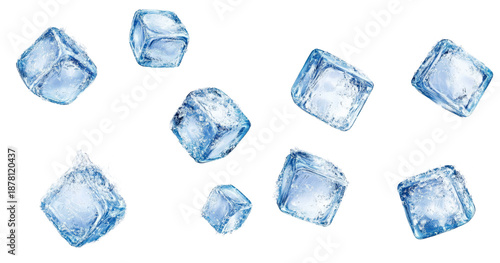 Flying Blue Ice Cubes Isolated on White Background