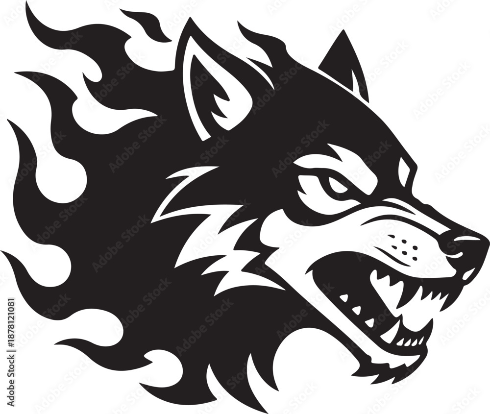 Obraz premium A fierce black and white wolf head with an aggressive snarl engulfed in dynamic flames