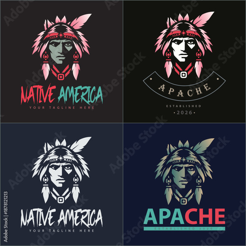 Native American Apache Warrior Mascot Logo Set Vector Illustration