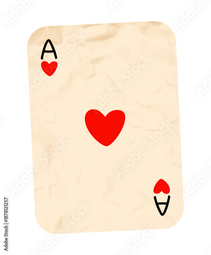 Ace of hearts, romantic love element for collage. Vintage dotted sticker with halftone crumpled paper texture and doodle hearts. Modern retro vector illustration isolated on transparent background