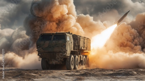 Military rocket propulsion launch, mobile launcher truck firing a rocket amid smoke and dust, conveying power, trajectory, and battlefield strike.