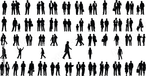 People silhouettes collection showing men women and children standing walking and grouping together crowd diversity lifestyle society urban illustration concept
