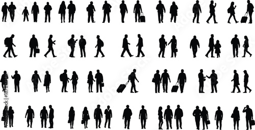 People silhouettes collection showing men women and families walking standing with bags travel business crowd lifestyle urban movement concept