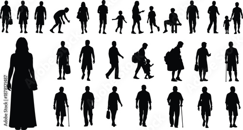 People silhouettes collection showing men women children and elderly walking standing carrying bags daily life generations lifestyle social illustration concept