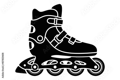 Detailed black silhouette illustration of a modern inline roller skate featuring multiple wheels, sturdy buckles, and a high-performance athletic boot design for gliding sports.
