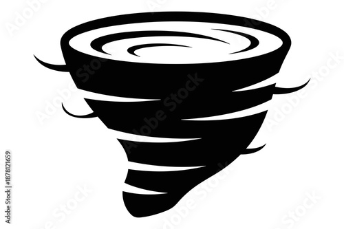 Stylized black and white graphic icon depicting a swirling vortex shape representing a powerful natural phenomenon like a tornado or cyclone.