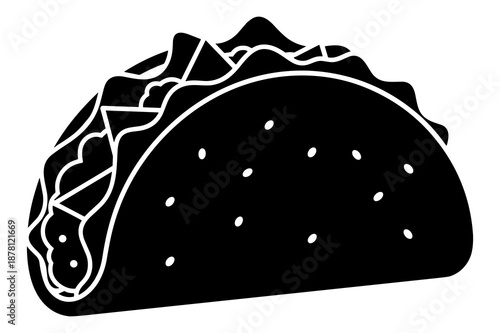 Simple black and white icon representing a classic hard-shell taco filled with savory ingredients, perfect for digital menus or food service graphics.