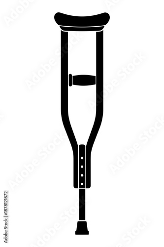 Simple black silhouette graphic icon representing an underarm adjustable medical crutch used for temporary mobility assistance after injury or surgery