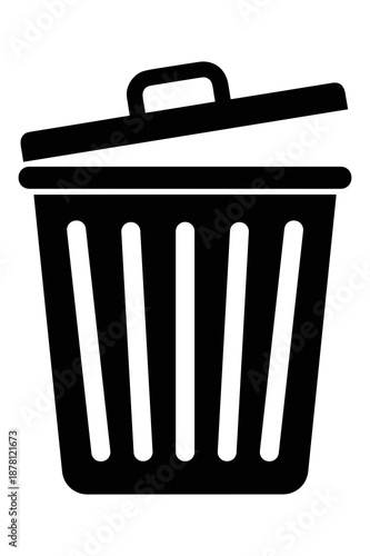 Simple black and white icon representing a household or office trash bin with a slightly ajar lid for waste disposal and recycling concepts.