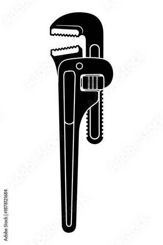 Robust black and white silhouette illustration of an adjustable heavy-duty pipe wrench designed for gripping and turning threaded pipes securely during plumbing work.