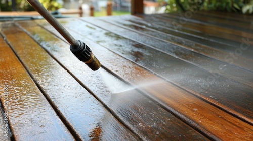 Pressure washer nozzle cleaning wooden deck surface, removing dirt and restoring finish, focused spray and wet wood plank detail showing cleaning action.