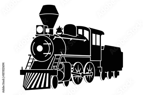 Classic black and white silhouette illustration of a powerful vintage steam locomotive engine design featuring a distinctive smokestack and tender car.