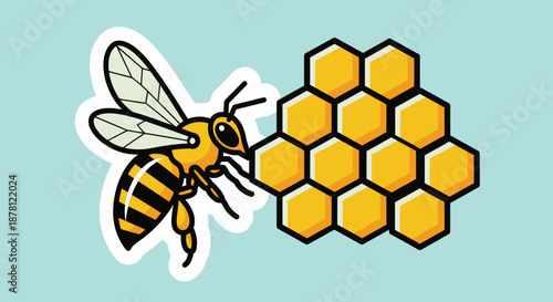 Charming illustration featuring a bee tending to a honeycomb on a blue background