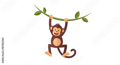 Cartoon monkey swinging on vine isolated on white background simple vector illustration for kids