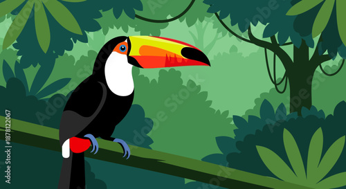 Cartoon Toucan Perched on Branch in Lush Tropical Rainforest Setting Illustration